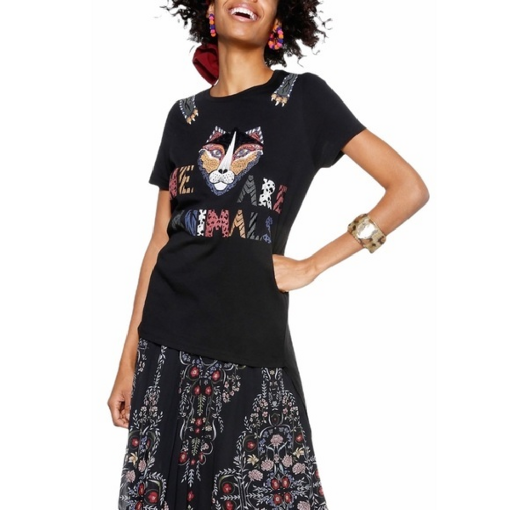 Desigual‎ Tris Tiger Face We Are Animals Black T-Shirt Tee Top